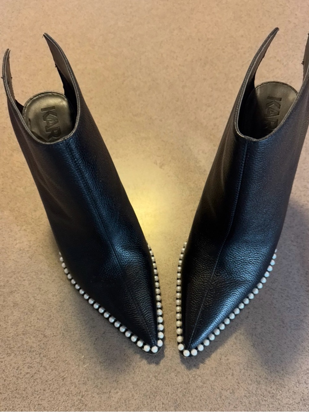 Karl Lagerfeld Black Leather Pointed Pearl-Trim Ankle Booties-9